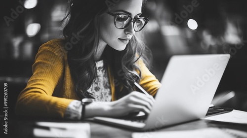 professional woman working efficiently with a pen and laptop at her desk demonstrating productive multitasking and effective task management in a business environment