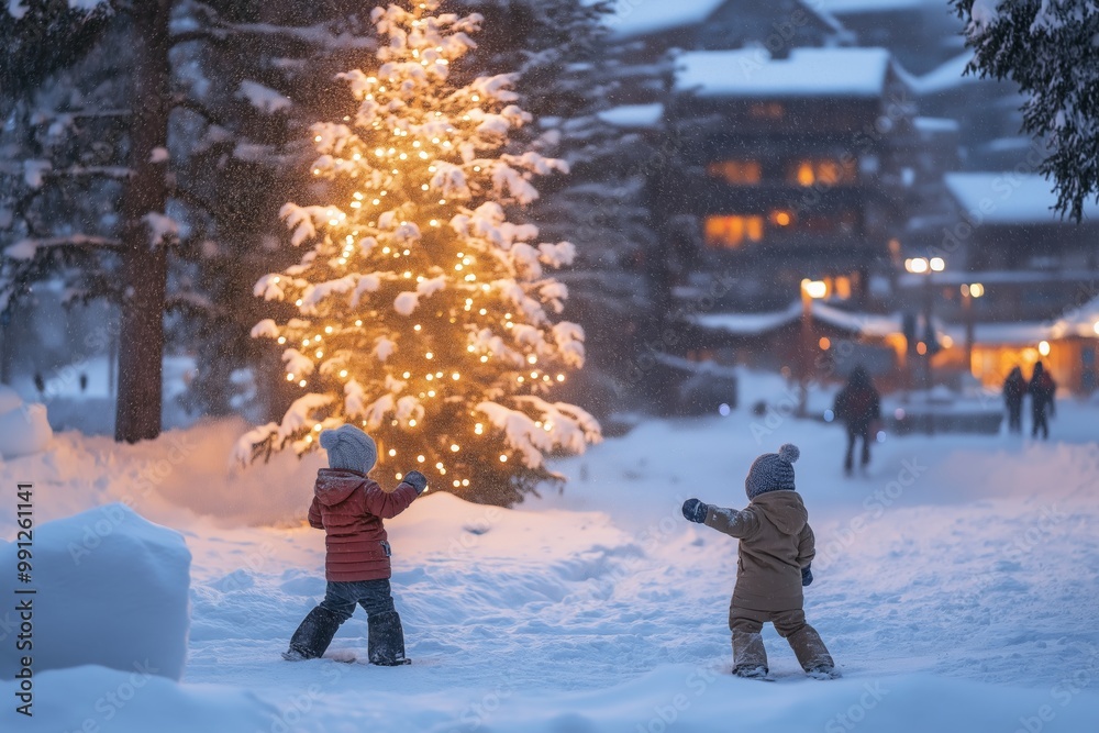 Two children are playing in the snow, one of them throwing snowballs at a Christmas tree. The scene is festive and joyful, with the tree lit up and the children enjoying the winter weather Two children are playing in the snow, one of them throwing snowballs at a Christmas tree. The scene is festive and joyful, with the tree lit up and the children enjoying the winter weather