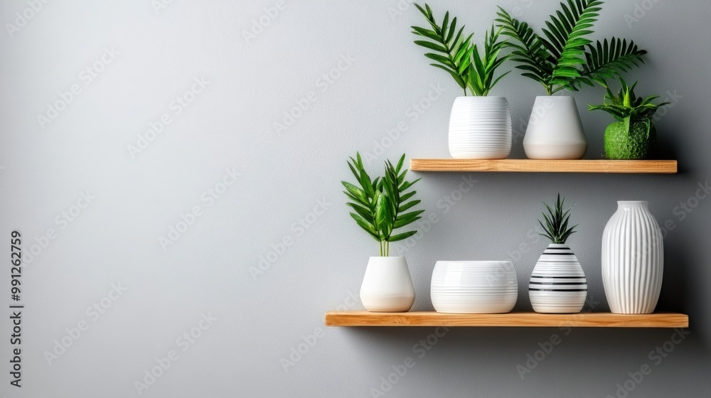 Modern Greenery with Stylish Planters on Shelves Modern Greenery with Stylish Planters on Shelves