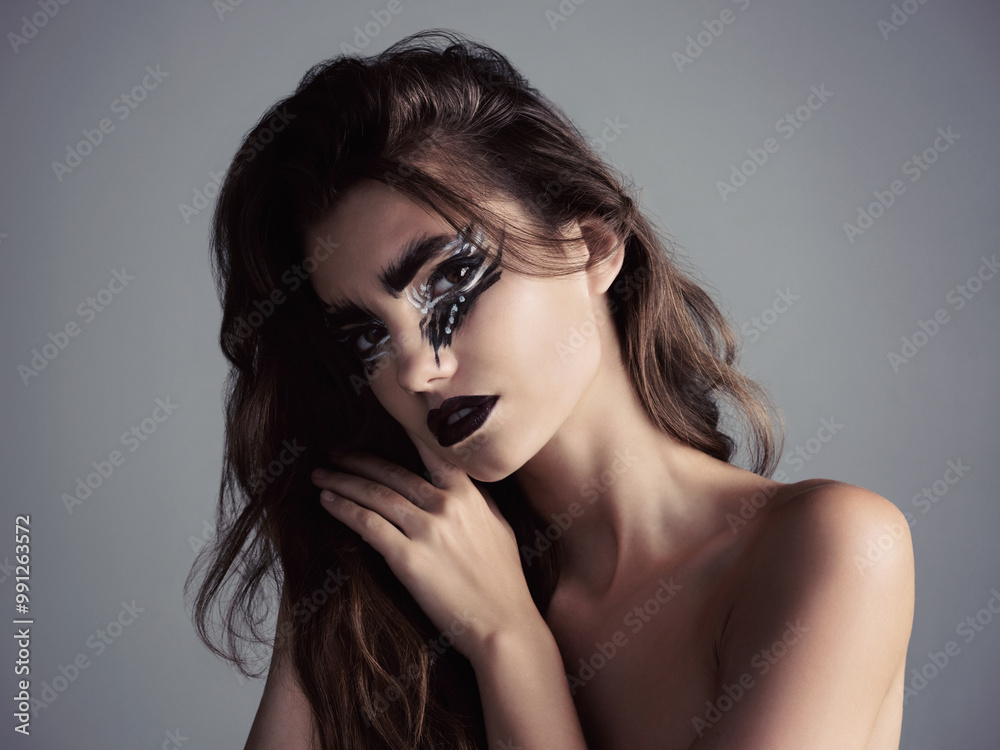 Naklejka premium Pattern, portrait and woman with makeup, eye shadow and beauty of artistic person for aesthetic. Studio, creative design and cosmetics for magical fantasy or face paint isolated on grey background