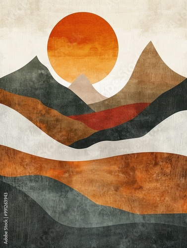 Abstract landscape featuring stylized mountains and a large orange sun, evoking a serene and warm atmosphere.