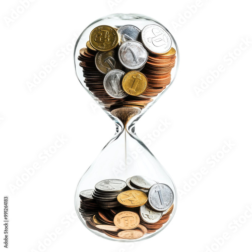 Coins inside an hourglass on white background photo