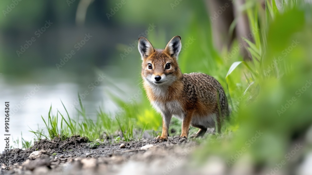 Charming Fox Cub by Water's Edge in Greenery
