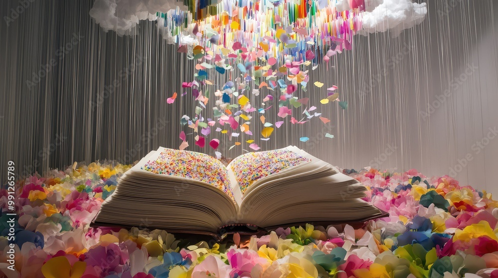 Fototapeta premium A floating open book in the gallery spills rainbow petals and flowers as a cloud above rains colorful paper strips, creating a dreamy, surreal installation.