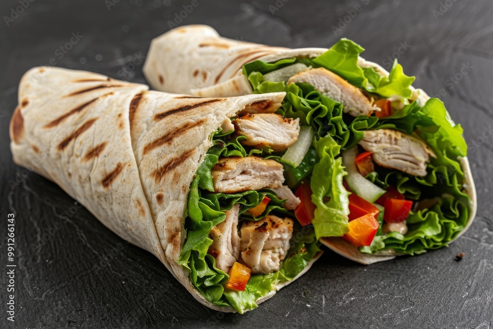 Crispy chicken wrap with lettuce, melted Mozzarella, yellow or honey sauce, tortilla wrap with chicken and vegetables Crispy chicken wrap with lettuce, melted Mozzarella, yellow or honey sauce, tortilla wrap with chicken and vegetables