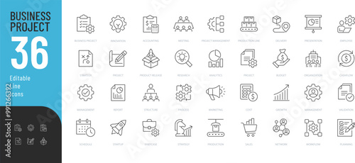 Business Project line Editable Icons set. Vector illustration in thin line modern style of business related icons: planning, strategy, accounting, and more. Isolated on white