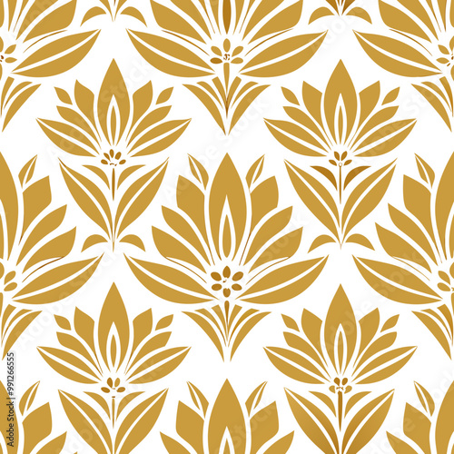 Design a seamless pattern with geometric floral illustrations in gold and white