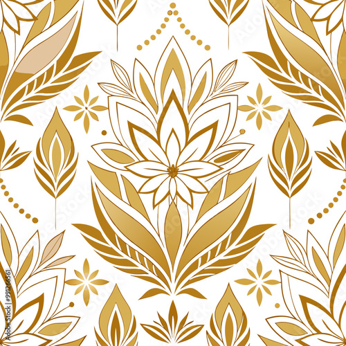 Design a seamless pattern with geometric floral illustrations in gold and white