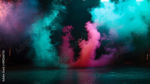 Teal and green smoke blending on a stage, adding a tranquil and calming vibe