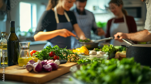 Individuals participating in a cooking demonstration with a focus on healthy recipes and meal preparation