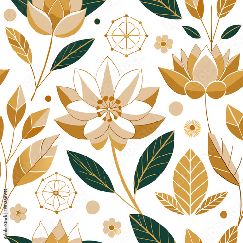 Design a seamless pattern with geometric floral illustrations in gold and white