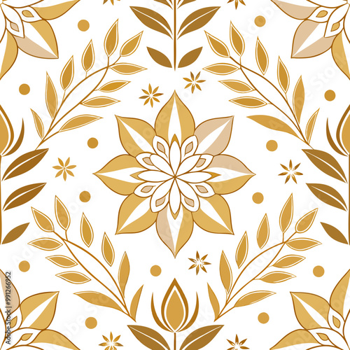 Design a seamless pattern with geometric floral illustrations in gold and white