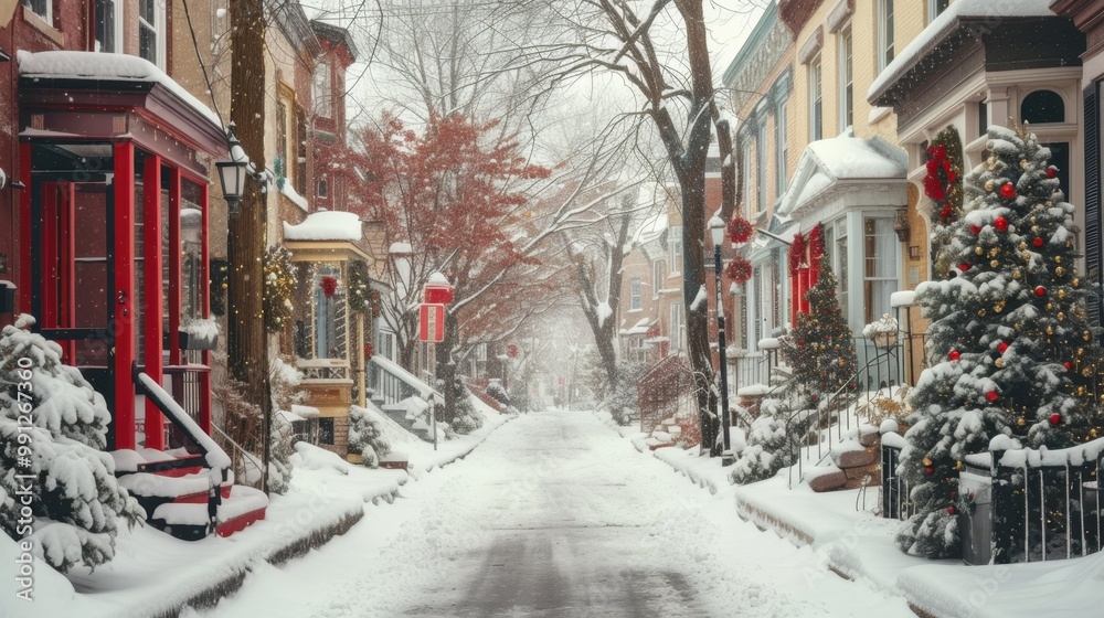 Fototapeta premium A picturesque snowy street featuring a sign that reads supply co on it