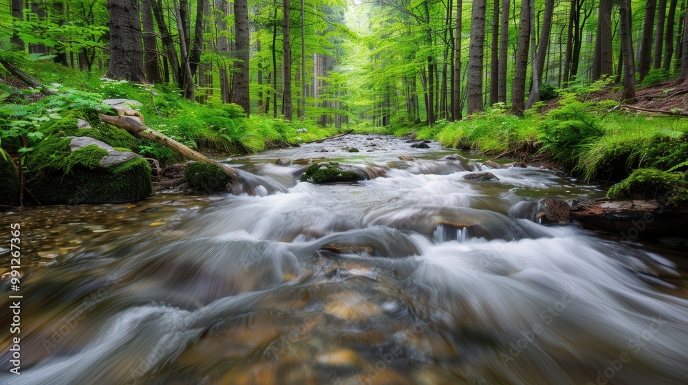 Tranquil Forest Stream, a gentle waterway meanders through lush greenery, creating a serene ambiance filled with the sounds of nature's harmony and peaceful surroundings Tranquil Forest Stream, a gentle waterway meanders through lush greenery, creating a serene ambiance filled with the sounds of nature's harmony and peaceful surroundings