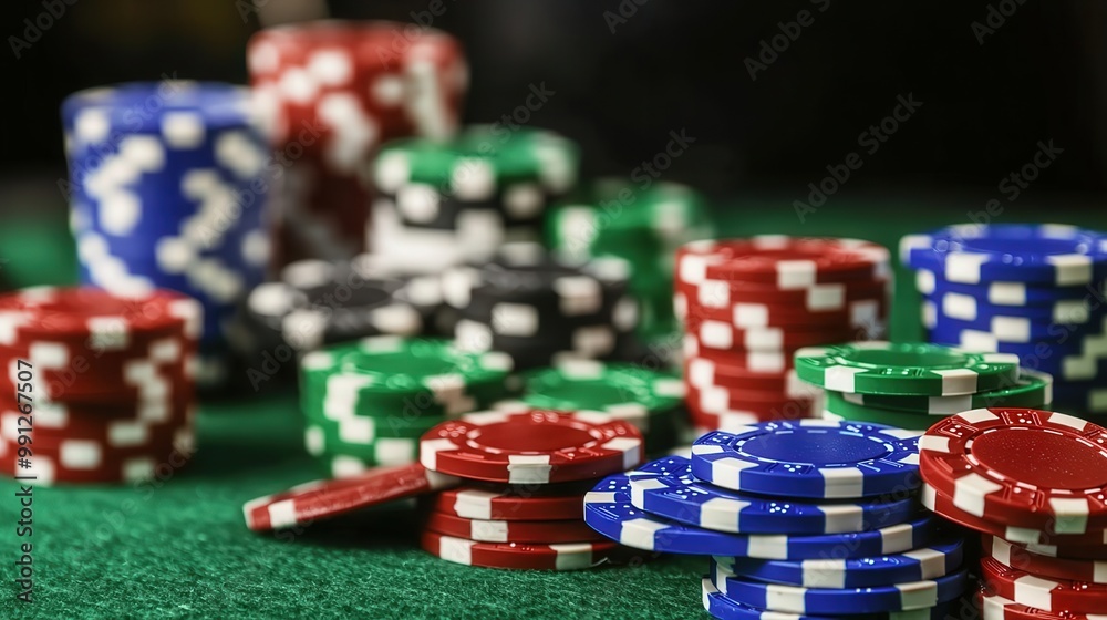 Colorful poker chips stacked on green felt, perfect for casino or gambling-themed projects. Colorful poker chips stacked on green felt, perfect for casino or gambling-themed projects.