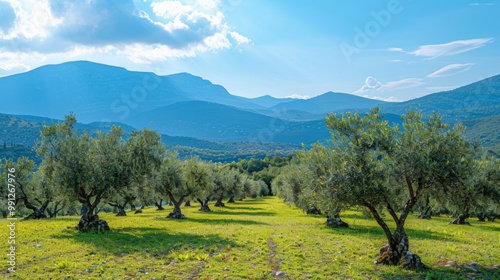 Olive grove with mountains in the background