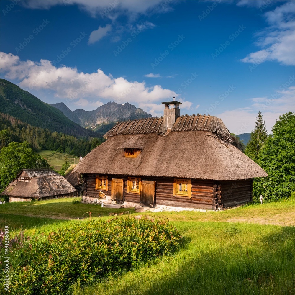 Traditional Thatched Roof House in Idyllic Mountain Landscape Traditional Thatched Roof House in Idyllic Mountain Landscape