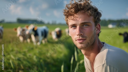 Young Dutch farmer standing in the meadow with his cows