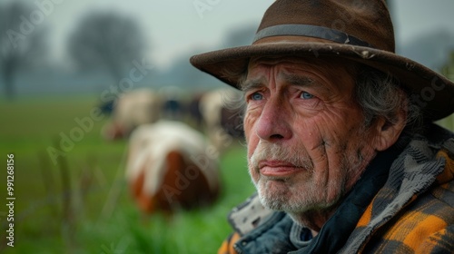 Old farmer standing in the meadow with his cows