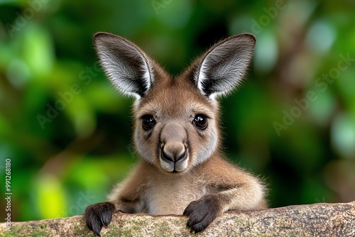 A close-up of a baby kangaroo peeking out of its motherâ€™s pouch, watching the world with curious eyes