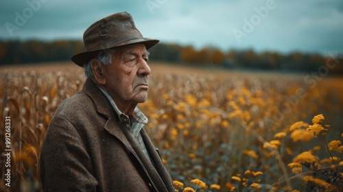 Old farmer in the field looking worried