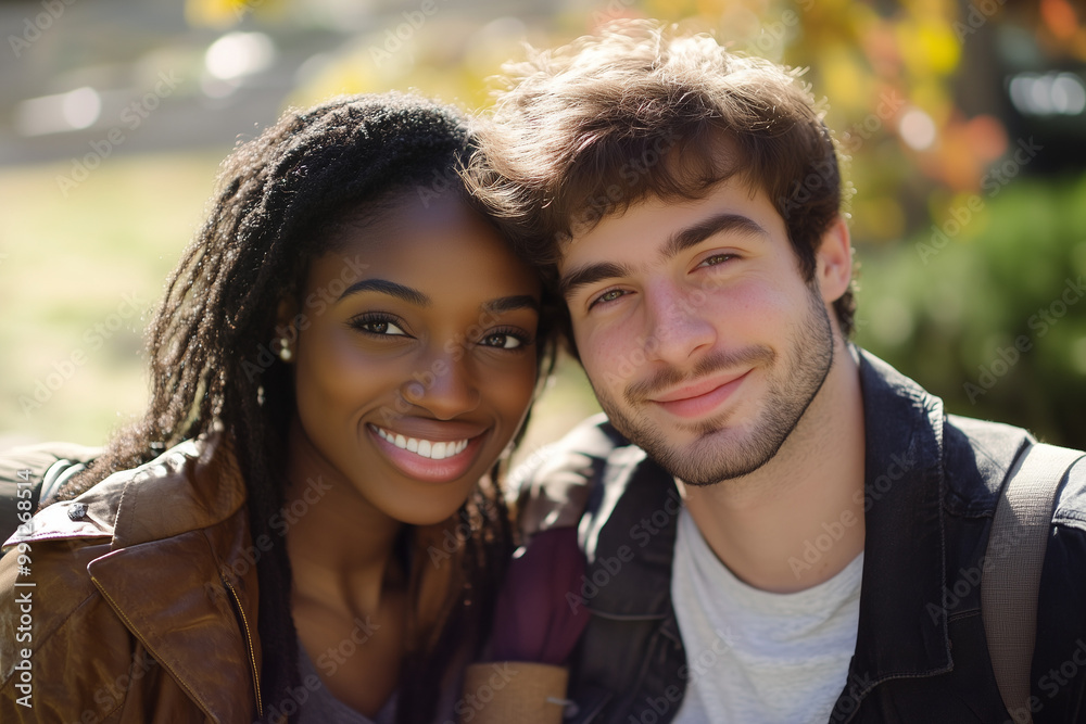 Fototapeta premium Interracial couple, black woman and white man, smiling at the camera outside