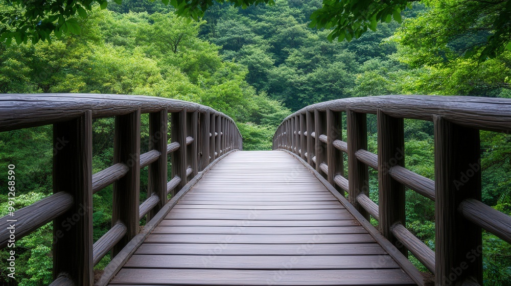 Obraz premium Rustic wooden bridge nestled beneath a lush tree canopy, surrounded by a serene forest landscape, inviting exploration in a charming countryside setting