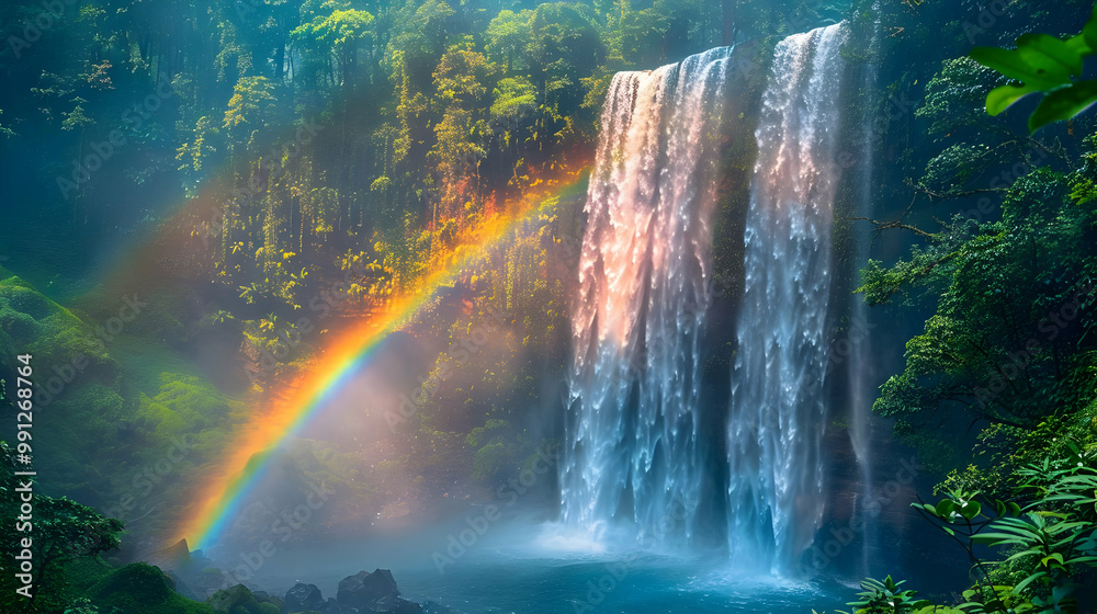 Waterfall and Rainbow in Lush Forest - Realistic Landscape Photo Waterfall and Rainbow in Lush Forest - Realistic Landscape Photo