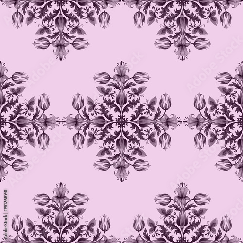 Seamless azulejo pattern. A bouquet of flowers in the form of a symmetrical violet pattern on a pink background. Floral ornament for tiles, wallpaper, interior decor.