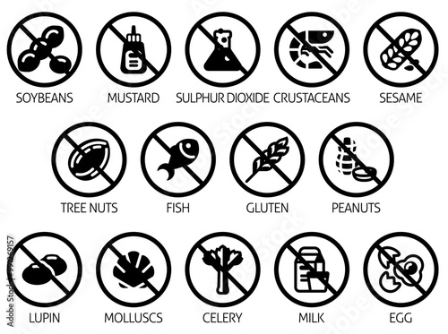 Free from food allergen allergy icons. Include big 8 FDA Major Allergens and 14 food allergies from the EU Food Information for Consumers Regulation EFSA European Food Safety Authority Annex II