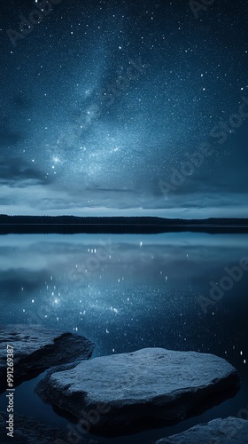 Ciel étoilé paisible reflété sur un lac calme pendant la nuit