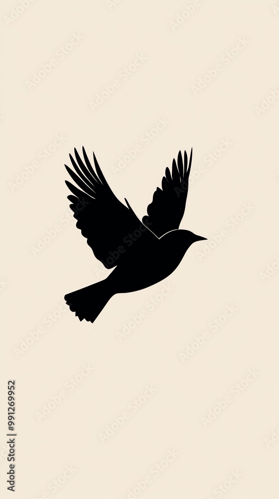 Obraz premium Silhouette élégante noire d'un oiseau en vol sur fond beige, ressource graphique, fond d'écran smartphone