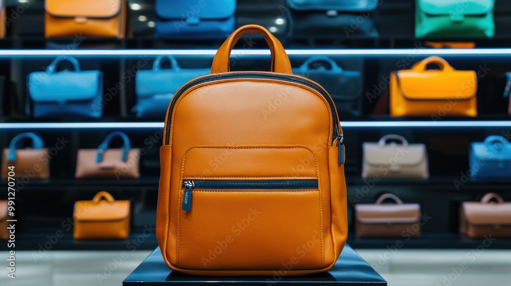Fototapeta premium Stylish Orange Backpack in Modern Display Setting