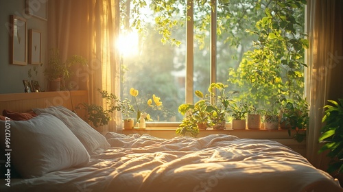 cozy bed under sunlight beside a bedroom window bringing warmth and serenity to the space offering a quiet and peaceful ambiance perfect for relaxation photo