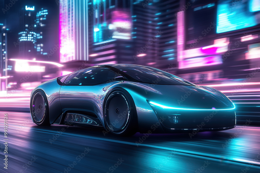 Futuristic sports car speeding through a neon-lit city at night Futuristic sports car speeding through a neon-lit city at night