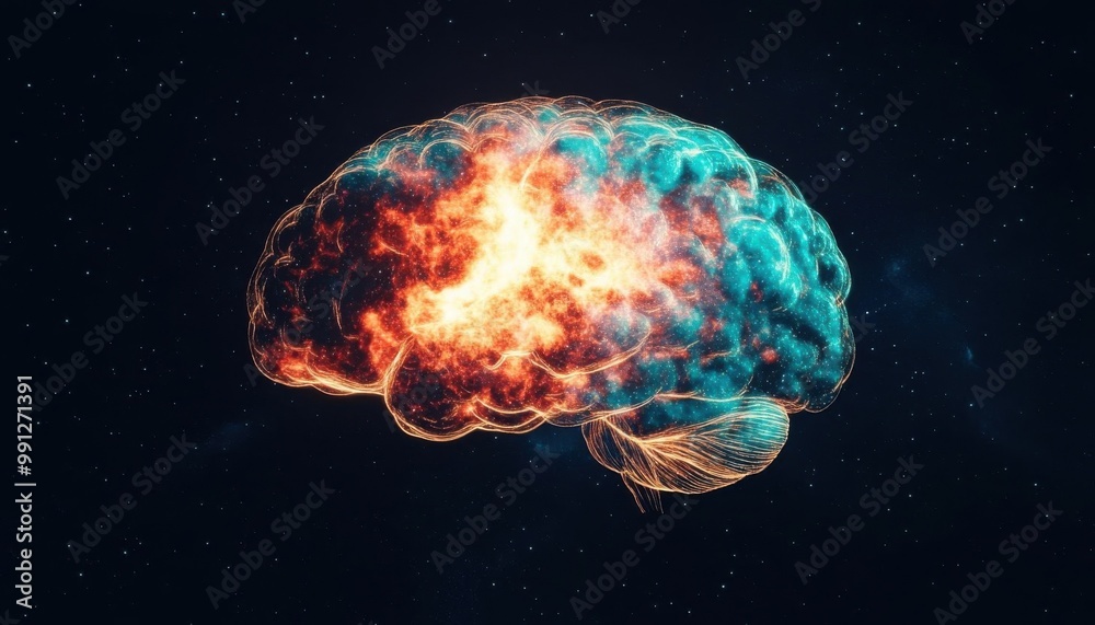 A glowing, multicolored nebula in the shape of a human brain, symbolizing the vastness of human imagination, no blur, photo not dark, everything is clear, copy space A glowing, multicolored nebula in the shape of a human brain, symbolizing the vastness of human imagination, no blur, photo not dark, everything is clear, copy space