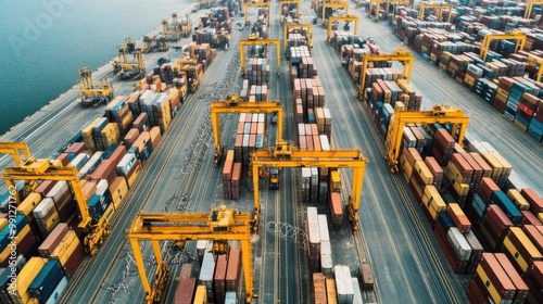 A shipping port with cranes idle and cargo containers trapped behind barbed wire, port lockdown, trade restriction, no blur, photo not dark, everything is clear, copy space