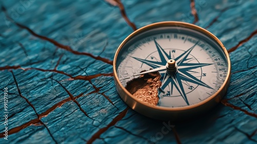 A vintage compass on cracked blue wood, symbolizing navigation and exploration. photo