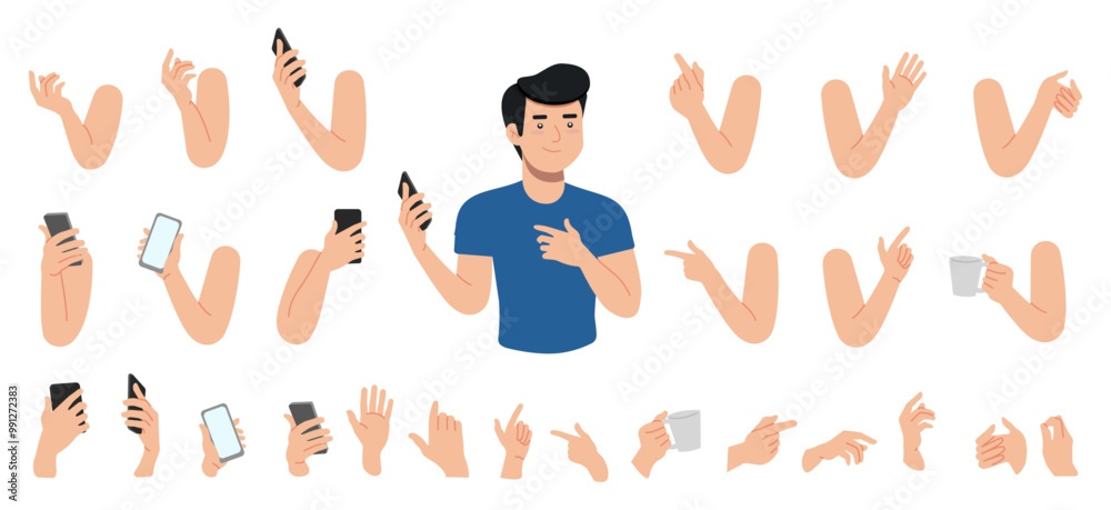 Businessman character builder for animation. Body parts, postures, poses collection. Vector illustration.