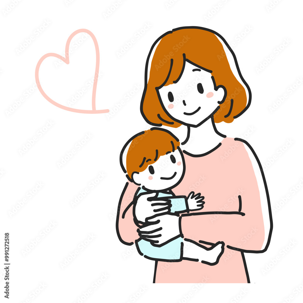 Line drawing illustration of a happy mother holding her infant with a smile. Line drawing illustration of a happy mother holding her infant with a smile.