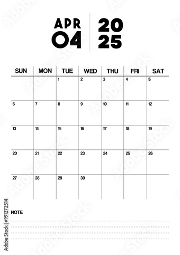 Printable Monthly Calendar Template for April 2025. Minimalist Style Calendar in Portrait Format. Week Starts on Sunday. Calendar Planner for 2025 year.