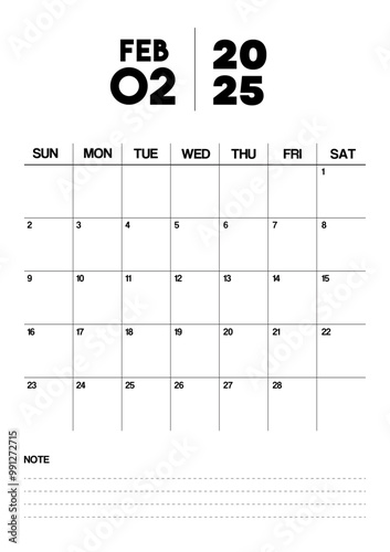 Printable Monthly Calendar Template for February 2025. Minimalist Style Calendar in Portrait Format. Week Starts on Sunday. Calendar Planner for 2025 year.