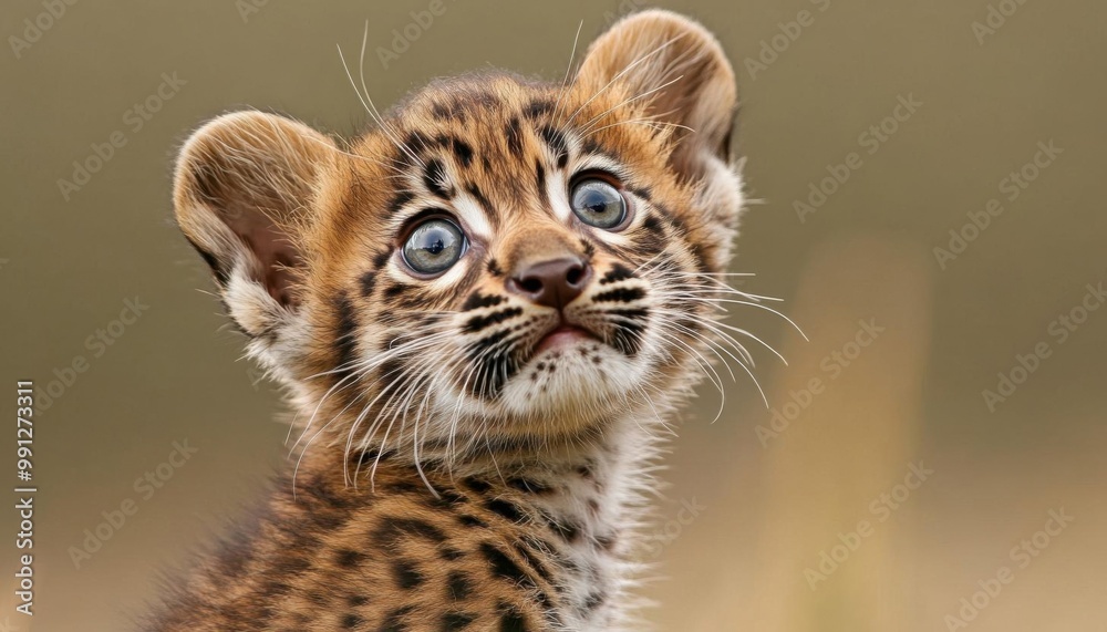 Obraz premium Cute adorable cub with wide eyes looking up, cute, innocent and small in a natural setting, no blur, photo not dark, everything is clear, copy space