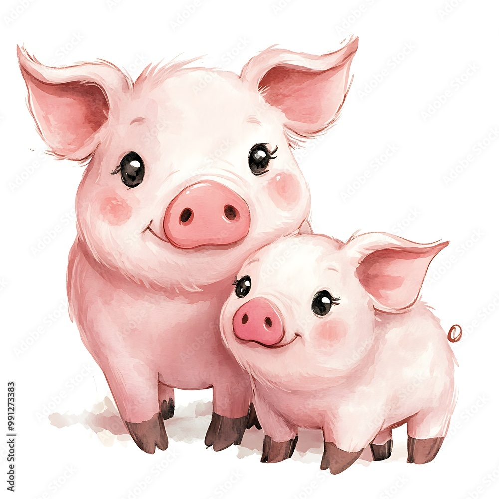 Watercolor Illustration of a Mother Pig and Piglet. Watercolor Illustration of a Mother Pig and Piglet.
