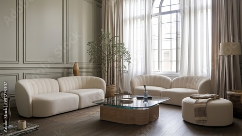 A stylish living room with a soft beige sofa and a coffee table made of wood and glass. There is a potted plant near the coffee table. The walls are a light gray color, and there is a large window wit