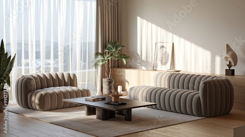 A stylish interior shot of a living room with a soft sofa and a coffee table. The room has a modern design with a white wall, a wooden floor, and a few decorative items. There is a large window with a