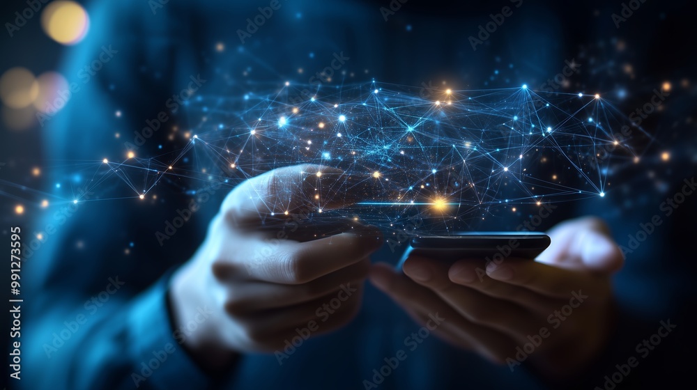 Fototapeta premium A person interacts with a smartphone while surrounded by digital network connections at night