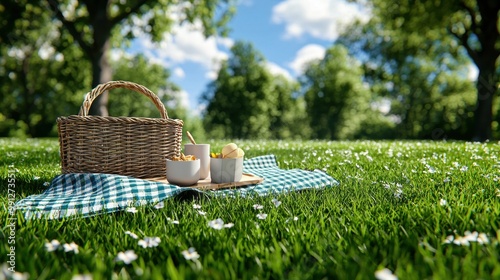 Picnic Basket on Green Grass Under Blue Sky photo