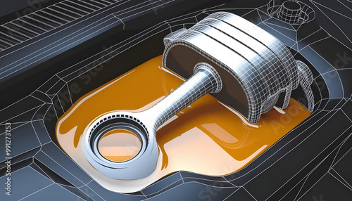 Engine piston in oil. Car motor oil or auto engine synthetic lubricant 3d vector illustration with vehicle piston. Low poly wireframe background.  photo