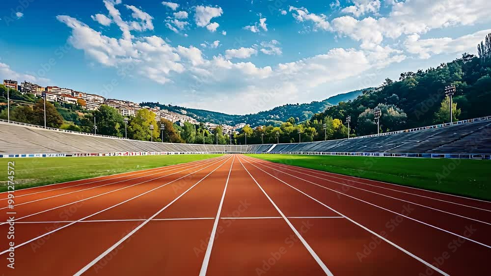 Empty outdoor running track with scenic green surroundings and clear blue sky, symbolizing sports, fitness, and athletic competition in a natural setting.


